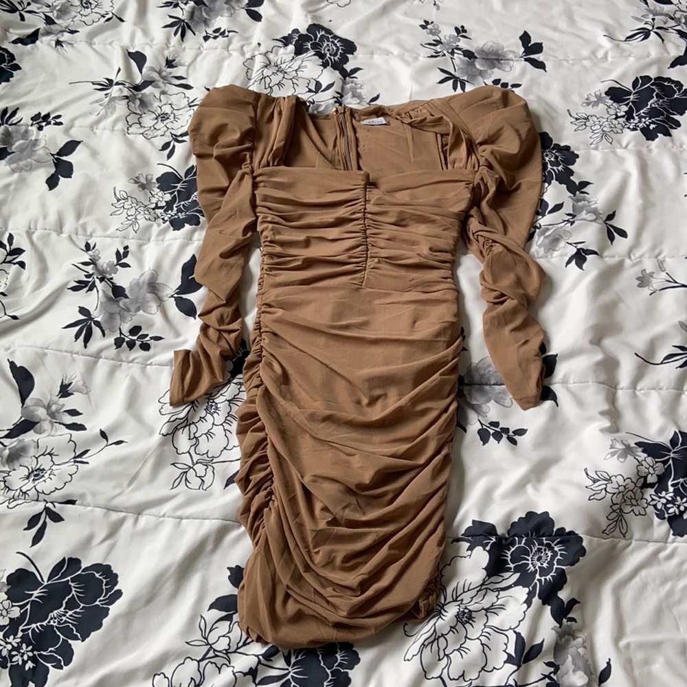Oh Polly Beige Corset Runched Mini Dress